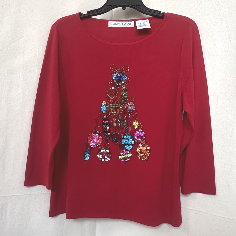 Vintage Lucia Burns Red Christmas Tree Sequin Beaded Ribbed Knit Sweater Top XL